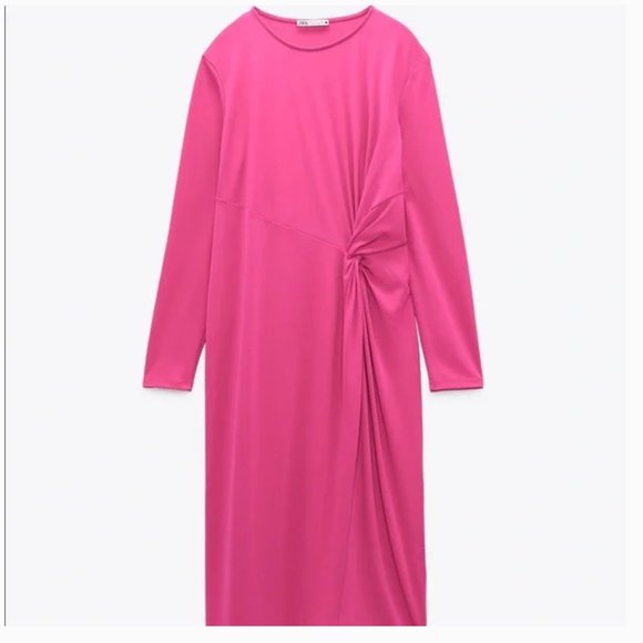NWOT ZARA BLOGGERS FAV PINK KNOT FRONT DETAIL MIDI DRESS STRETCH MEDIUM - Picture 9 of 12